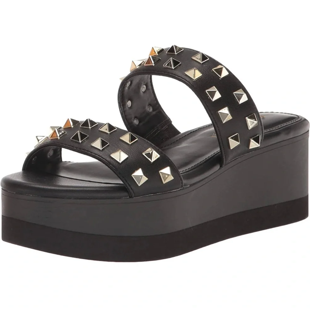 Madden Girl Black Platform Slide Sandals with Gold Studs